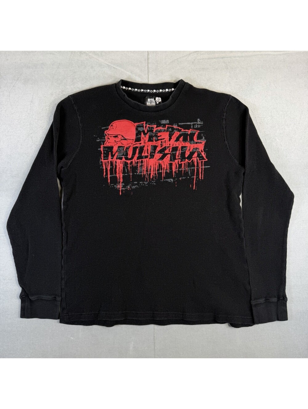 Vintage Metal Mulisha Long Sleeve Thermal Waffle Knit Shirt Mens XL Black Skull